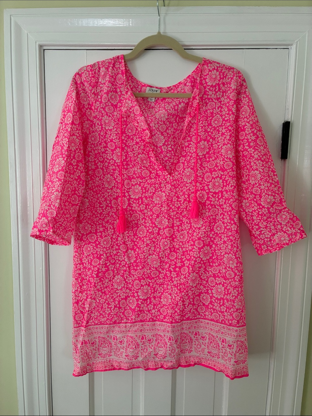 J. Crew Hot Pink Floral Tassel Tunic Dress